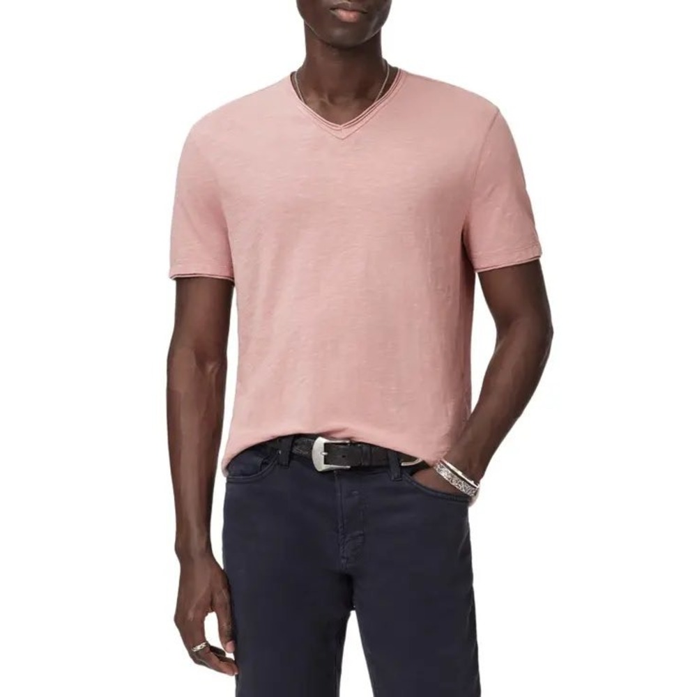 John Varvatos Mens V-Neck Slub Jersey T-Shirt Pink Size L Short Sleeve Logo Tee